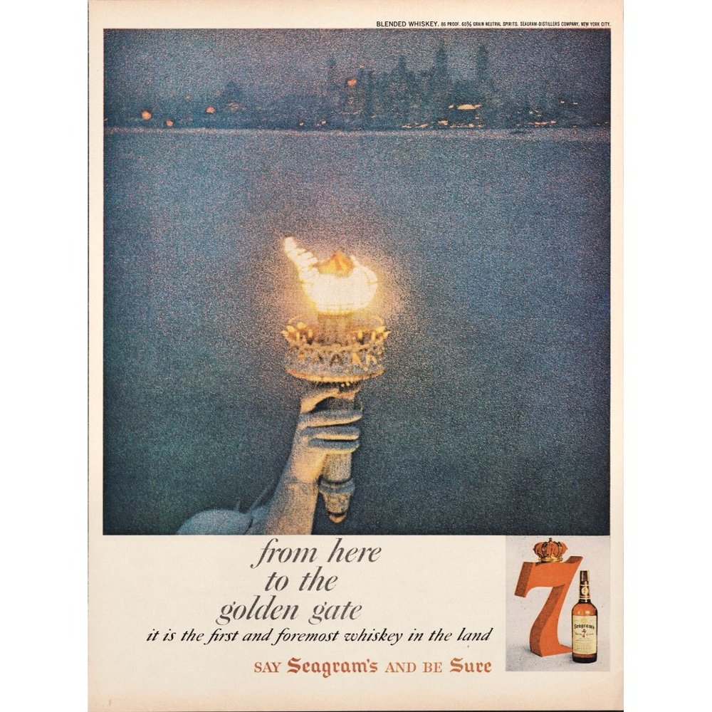 1959 Seagram's 7 Crowns Whiskey Vintage Print Ad Statue of Liberty New York NYC